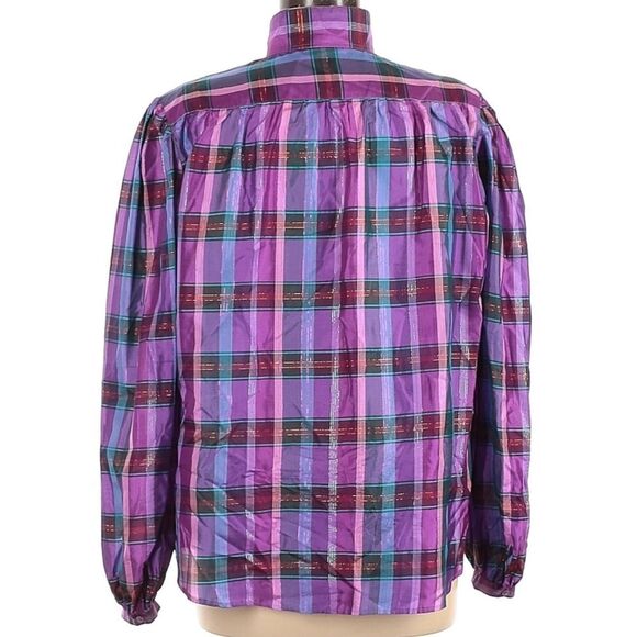 100% Silk Plaid High Neck Button Front Shirt 3X - Picture 7 of 8